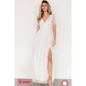 Baltic Born Marseille White Embroidered Maxi Dress Flutter Sleeve Wedding S NWT